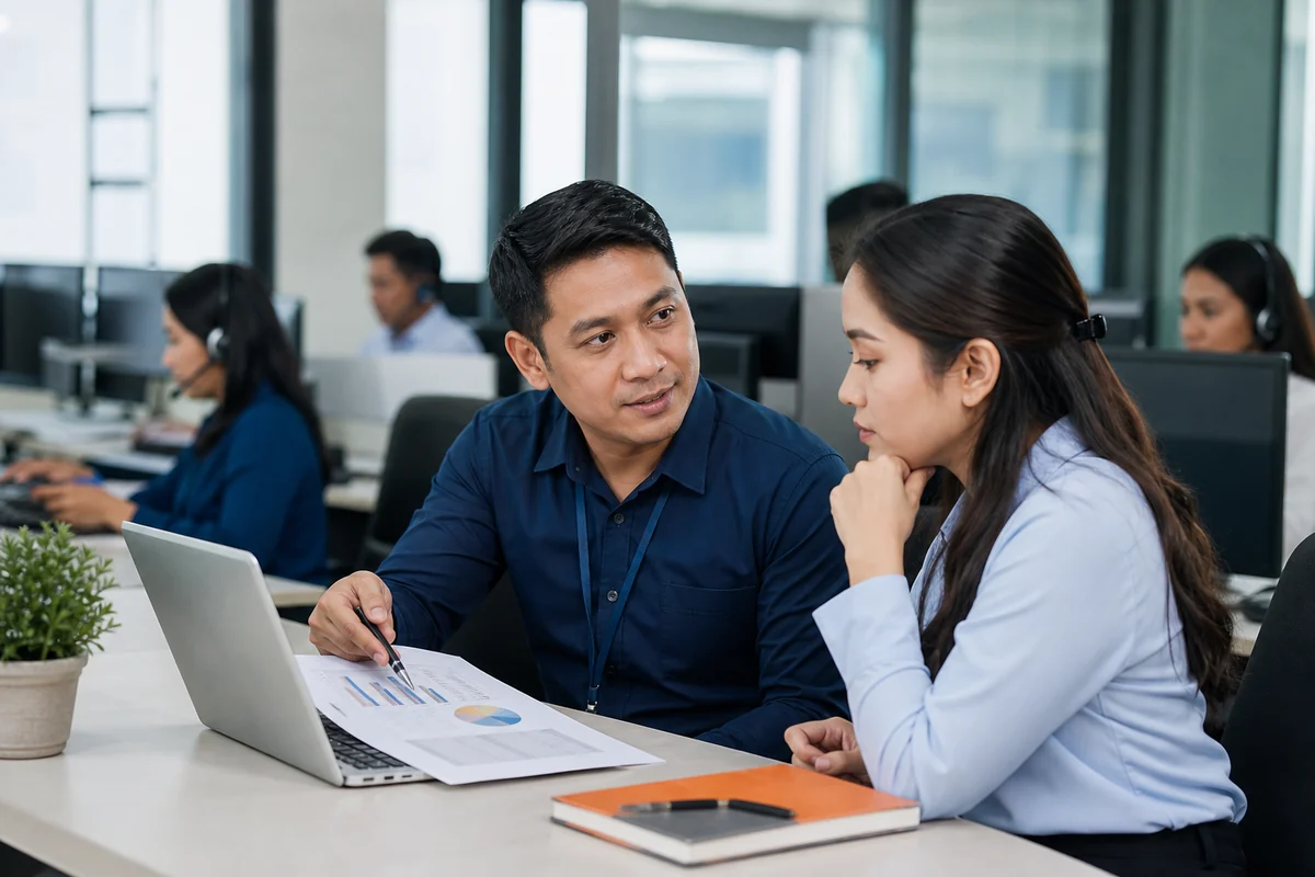 Customer service supervisor coaching an agent during a quality review