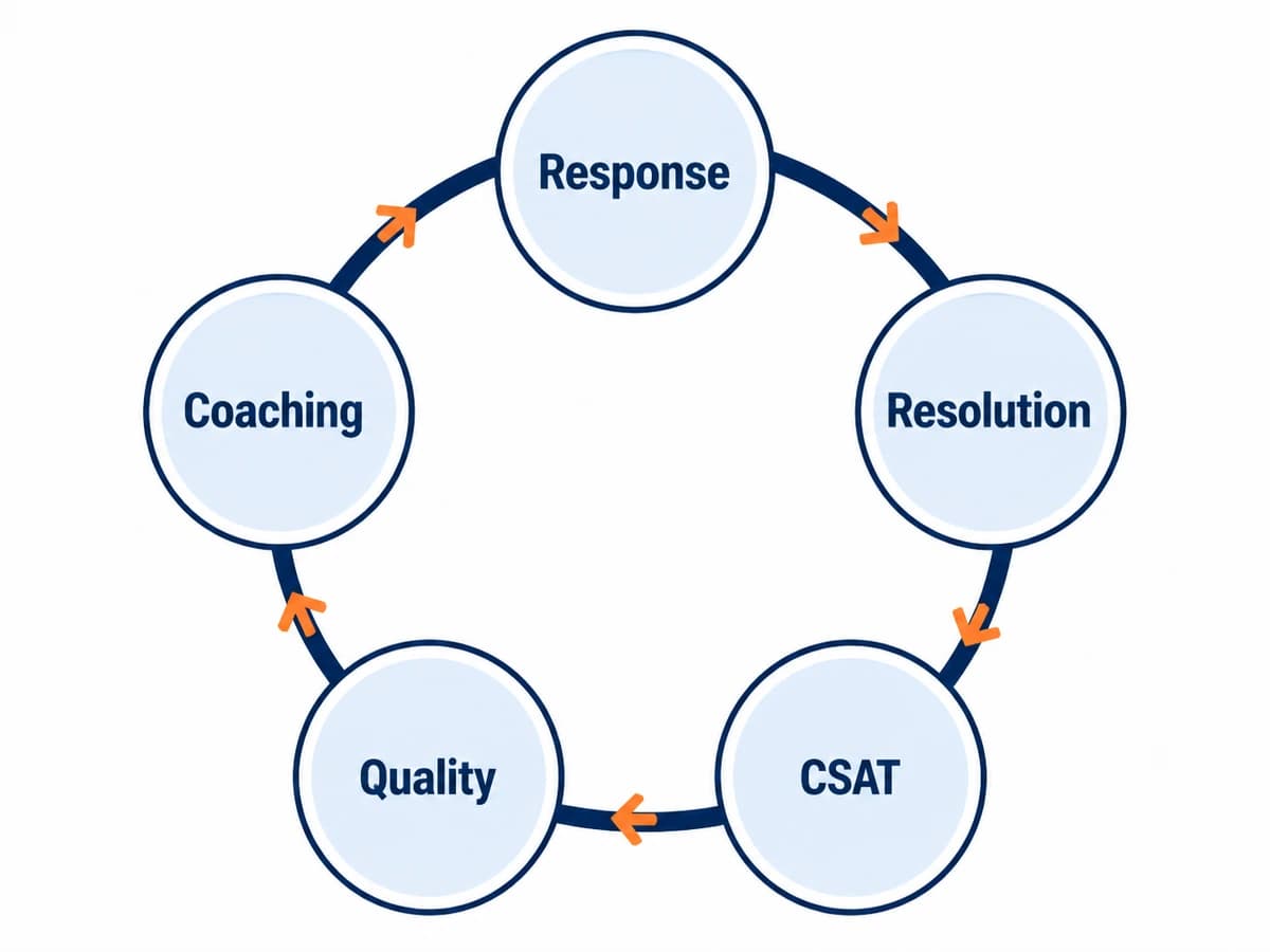 Customer service KPI cycle linking response time, resolution, customer satisfaction, quality and coaching