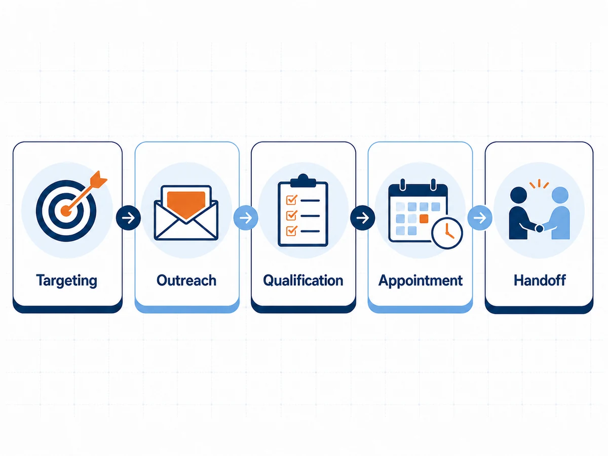 Lead generation workflow from targeting and outreach through qualification and sales handoff